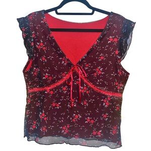 Vintage Style Black and Red Floral Mesh Baby Doll Top Size L/XL
